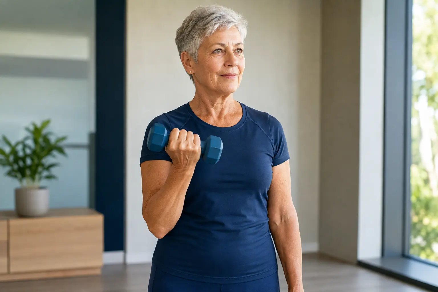 Pessoa idosa realizando exercício resistido com halter