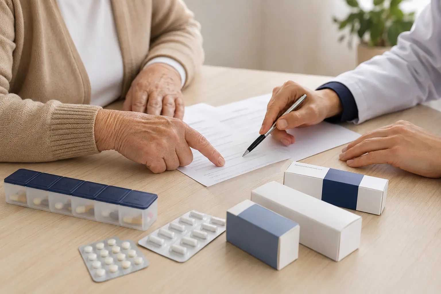 Medicamentos sendo revisados de forma organizada